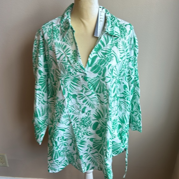 Nicole Miller Women Linen Blouse Top Sleeve Leaf Print  Nwt - Picture 2 of 3